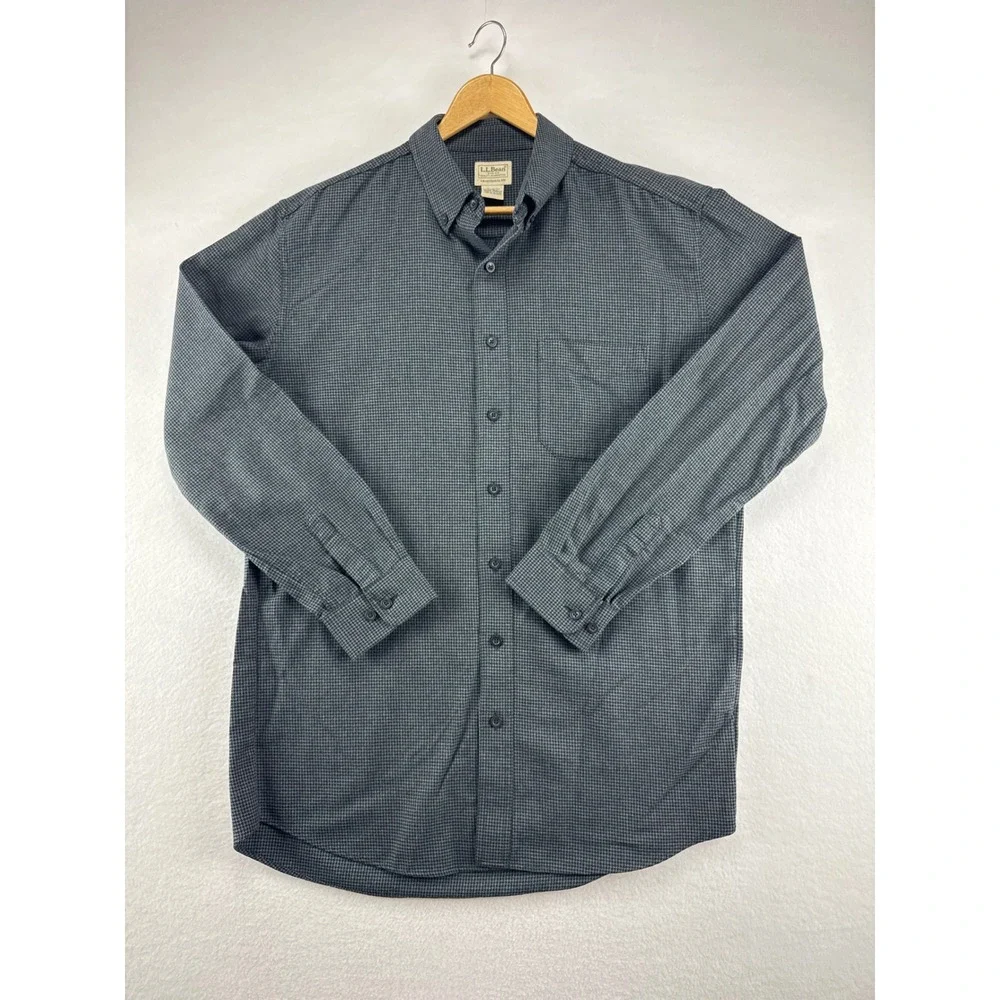 LL Bean Button Down Shirt Mens Large Tall Gray Cotton Traditional Fit Check